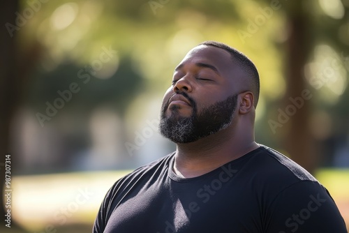 Serene Plus-Size Man Practicing Deep Breathing for Anxiety Relief in Tranquil Park Setting