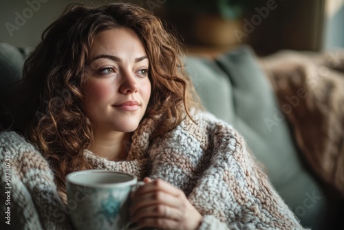 Wallpaper Mural Comforting Plus-Size Woman Easing Anxiety on Sofa with Blanket and Hot Drink Torontodigital.ca