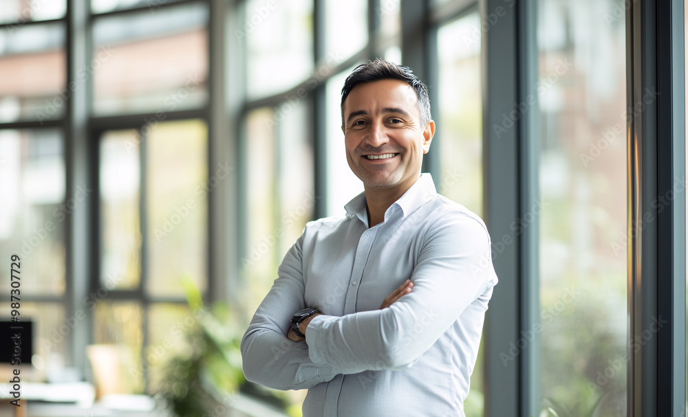 Middle-aged businessman with folded arms smiling in a bright office Middle-aged businessman with folded arms smiling in a bright office