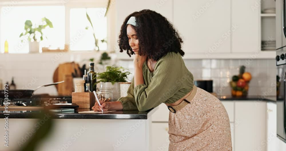 Home, woman and thinking with paper for grocery list, planning and writing items for shopping. Kitchen counter, female writer and page with pen for house needs, reminder or brainstorming in apartment Home, woman and thinking with paper for grocery list, planning and writing items for shopping. Kitchen counter, female writer and page with pen for house needs, reminder or brainstorming in apartment