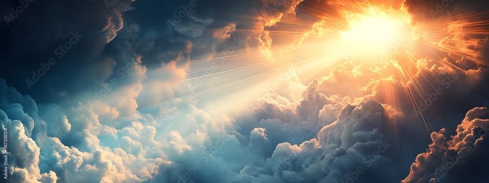 Fototapeta premium In the sky, there is an opening through which light shines down on Earth from above