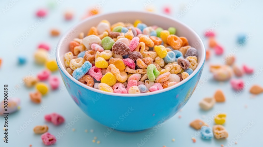 A high-sugar cereal bowl with colorful, artificially flavored pieces, marketed as fun but filled with unhealthy ingredients