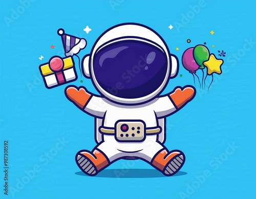 cute astronaut celebrate birthday party cartoon vector icon illustration.