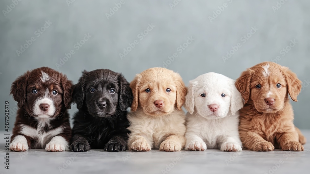 Five diverse puppies sit against a plain studio background, showcasing their cuteness and textures. Perfect for pet, family, or animal-themed stock imagery. Five diverse puppies sit against a plain studio background, showcasing their cuteness and textures. Perfect for pet, family, or animal-themed stock imagery.