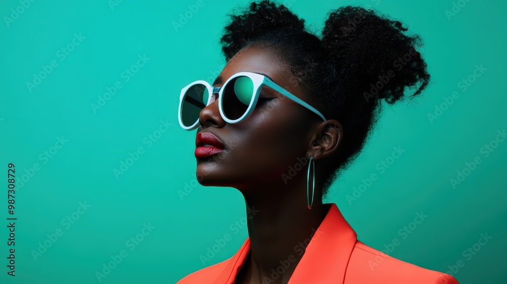 A person with a creative hairstyle adorned in a vibrant orange jacket, posing against a green background, reflecting unique fashion sense with an artistic touch.
