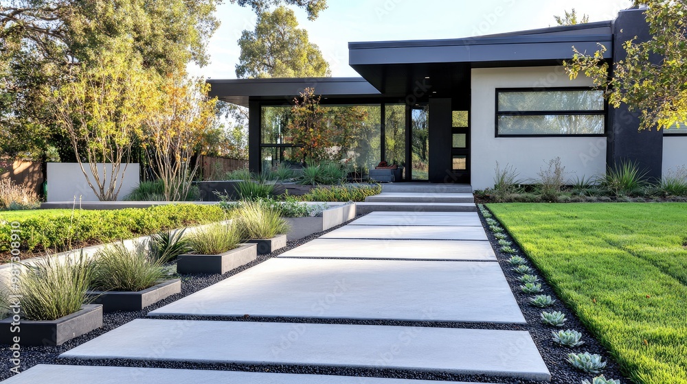 Obraz premium Front yard design featuring smooth concrete walkways, simple grass patches, and sleek modern planters, no people, no logos.