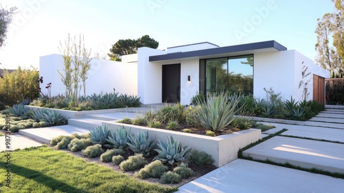 Front yard design with smooth white walls, succulents in raised planters, and sleek concrete paths, no people, no logos.