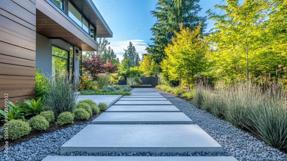 Front yard garden with clean concrete slabs, minimalist greenery, and gravel beds on either side, no people, no logos. Front yard garden with clean concrete slabs, minimalist greenery, and gravel beds on either side, no people, no logos.