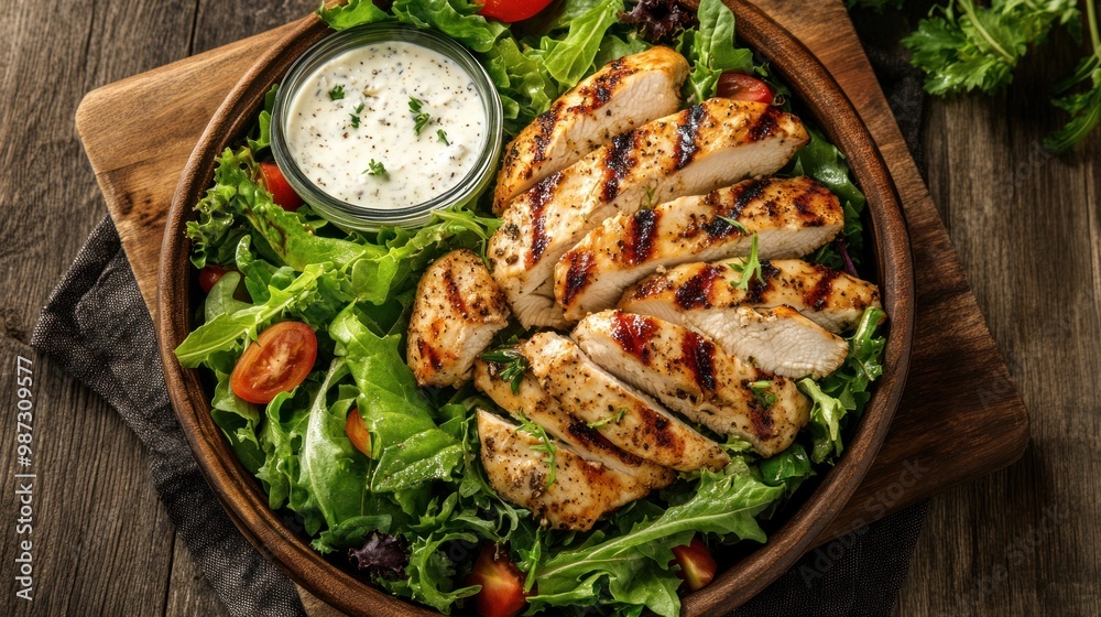 A low-calorie meal featuring grilled chicken, leafy greens, and a light dressing, offering a nutritious yet satisfying option A low-calorie meal featuring grilled chicken, leafy greens, and a light dressing, offering a nutritious yet satisfying option