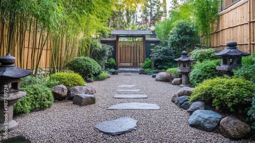 Japanese-style front yard with bamboo plants, stone lanterns, and a gravel path leading to a wooden gate, no people, no logo.