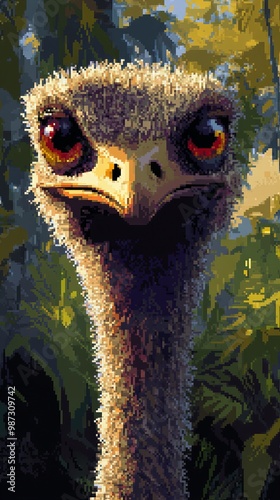 pixelated portrait of an ostrich, concept of digital 80s and 90s aesthetics, lo-fi art photo