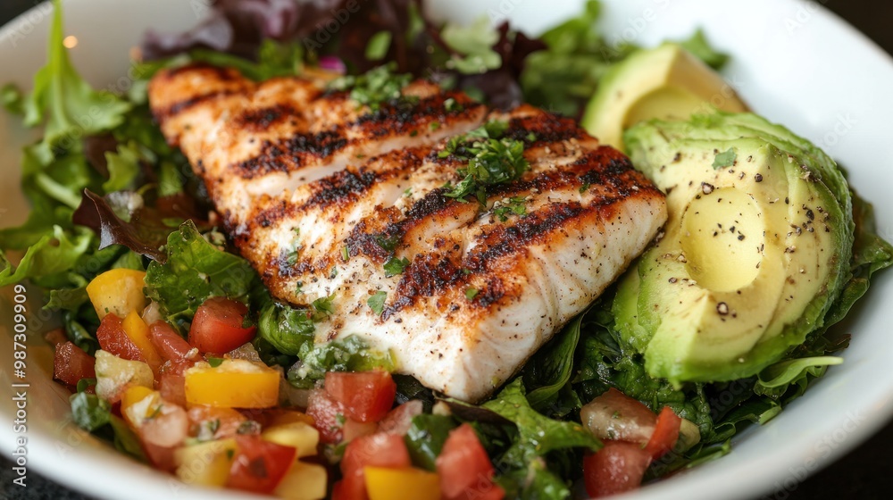 A low-carb meal with a zesty salad, grilled fish, and a side of avocado, maintaining taste and nutrition while keeping carbs low A low-carb meal with a zesty salad, grilled fish, and a side of avocado, maintaining taste and nutrition while keeping carbs low