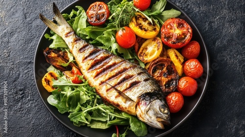 A low-carb diet plate featuring grilled fish, fresh salad, and roasted vegetables, keeping carbohydrate intake to a minimum photo