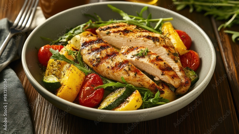 A low-sodium meal featuring grilled chicken, steamed vegetables, and a light, herb-based seasoning A low-sodium meal featuring grilled chicken, steamed vegetables, and a light, herb-based seasoning