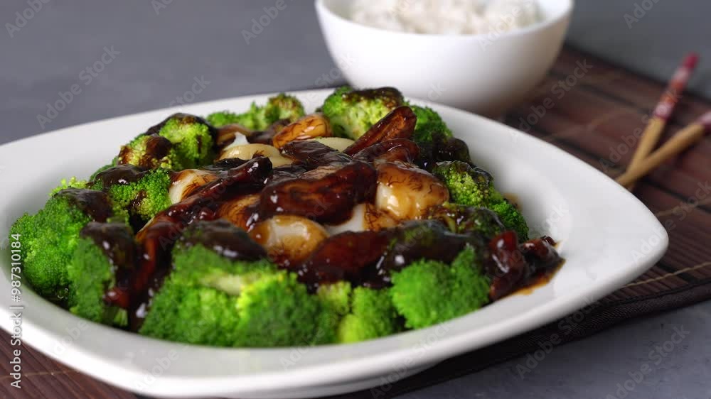 broccoli scallop mushroom in oyster sauce with rice broccoli scallop mushroom in oyster sauce with rice