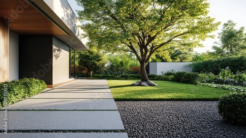 Modern minimalist garden with smooth stones, a single large tree, and cleanly trimmed grass, no people, no logos. photo