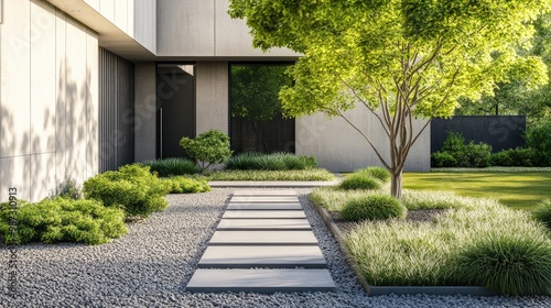 Simple minimalist front yard featuring a gravel path  modern concrete blocks  and sparse greenery  no people  no logos.
