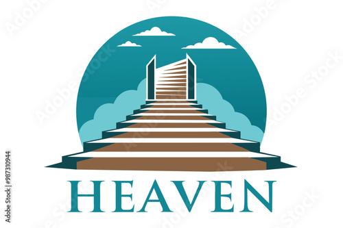 A logo design featuring a heavenly theme with stairs leading up to clouds, symbolizing ascension and tranquility.