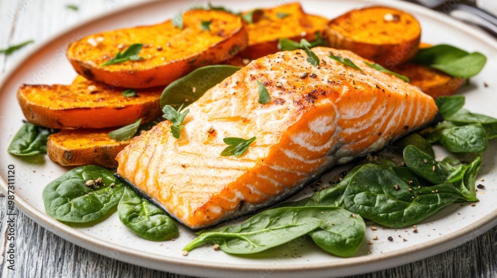 A nutrient-rich meal showcasing ingredients like spinach, salmon, and sweet potatoes, packed with essential vitamins and minerals A nutrient-rich meal showcasing ingredients like spinach, salmon, and sweet potatoes, packed with essential vitamins and minerals