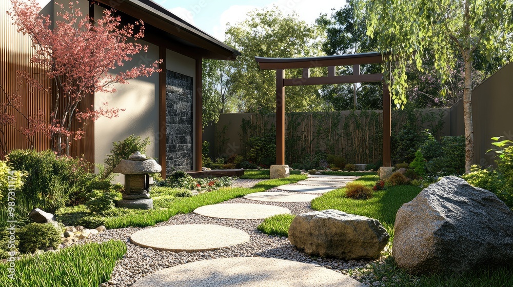 Traditional Japanese front yard garden design with a torii gate, stepping stones, and Japanese maples in the background, no people, no logo. Traditional Japanese front yard garden design with a torii gate, stepping stones, and Japanese maples in the background, no people, no logo.