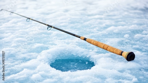 Fishing rod placed on ice near a hole, isolated on snow background.