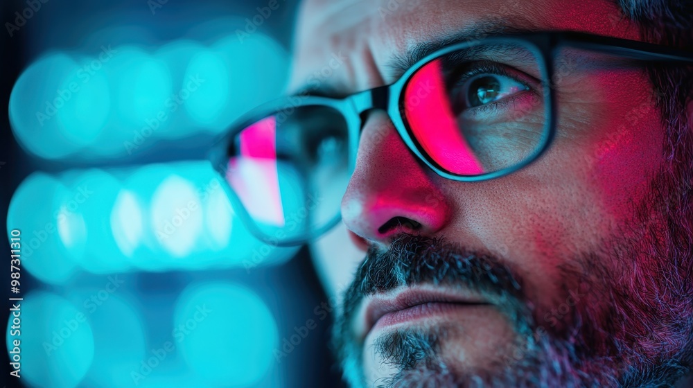 An abstract image showcasing neon light circles in vibrant blue hues. A modern eyeglass frame is visible, contrasted against the radiant and hypnotic light pattern. An abstract image showcasing neon light circles in vibrant blue hues. A modern eyeglass frame is visible, contrasted against the radiant and hypnotic light pattern.