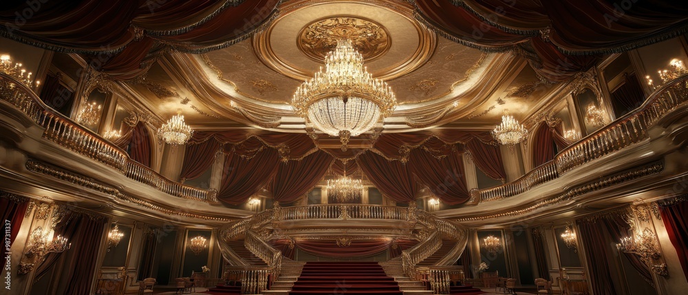 Obraz premium Magnificent chandelier illuminates a grand ballroom adorned with silk drapes, rich mahogany details, and an intricate ceiling, exuding timeless elegance and wealth