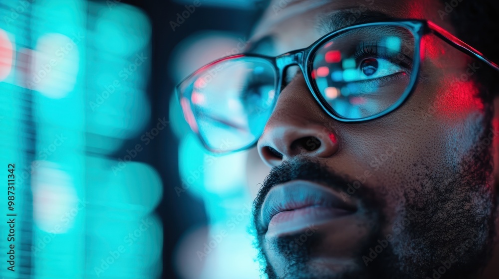 A blurred image of glowing digital elements in teal and blue shades, highlighted by a modern eyeglass frame partially in view, embodying technological elegance. A blurred image of glowing digital elements in teal and blue shades, highlighted by a modern eyeglass frame partially in view, embodying technological elegance.
