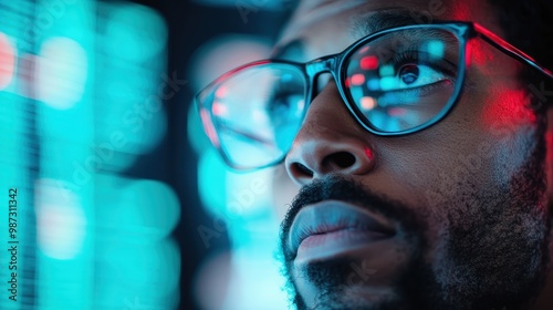 A blurred image of glowing digital elements in teal and blue shades, highlighted by a modern eyeglass frame partially in view, embodying technological elegance. photo