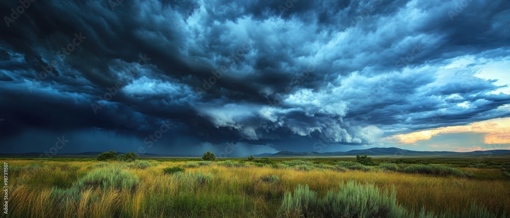 Fototapeta premium Dramatic stormy sky over a serene landscape highlighting the stark contrast between light clouds and dark, foreboding weather