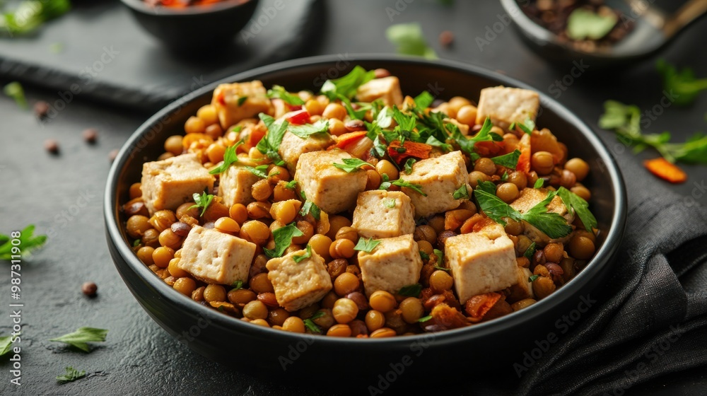 A plant-based protein meal featuring lentils, chickpeas, and tofu, perfect for those seeking protein alternatives without meat A plant-based protein meal featuring lentils, chickpeas, and tofu, perfect for those seeking protein alternatives without meat