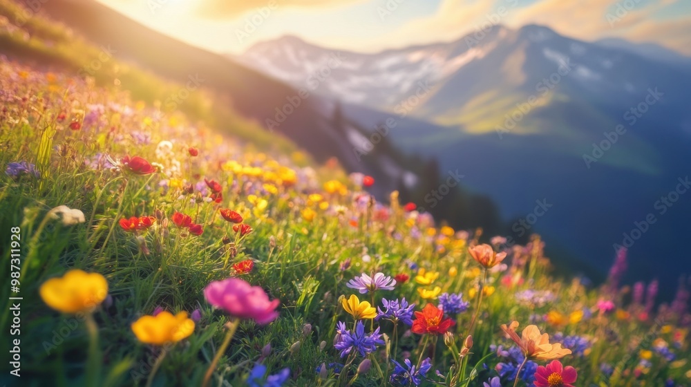 Colorful wildflowers on a sunlit mountain slope, dynamic composition, showcasing nature vibrant palette and scenic beauty. Colorful wildflowers on a sunlit mountain slope, dynamic composition, showcasing nature vibrant palette and scenic beauty.