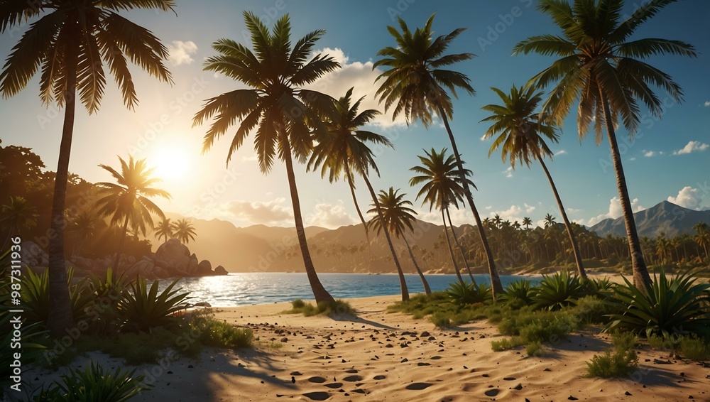 3D illustration of a tropical landscape with palm trees and bright sun.