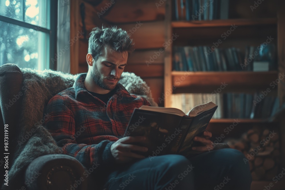 Fototapeta premium Self-care Journey: Male Embracing Burnout Recovery Through Reading in Cozy Chair