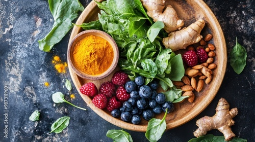 A plate filled with anti-inflammatory foods like turmeric, berries, and leafy greens, designed to reduce inflammation and promote health photo