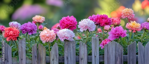 Lush peonies in a charming cottage garden, vibrant colors, rustic wooden fence, celebrating the joy of blooming flowers.