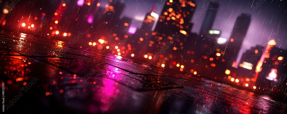 Vibrant city lights reflecting on wet pavement at night, creating a moody atmosphere. Vibrant city lights reflecting on wet pavement at night, creating a moody atmosphere.