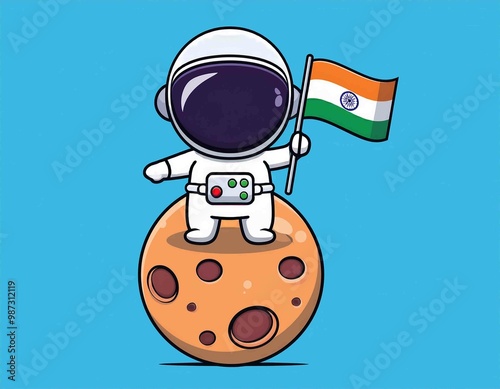 cute astronaut holding indian flag on moon cartoon vector