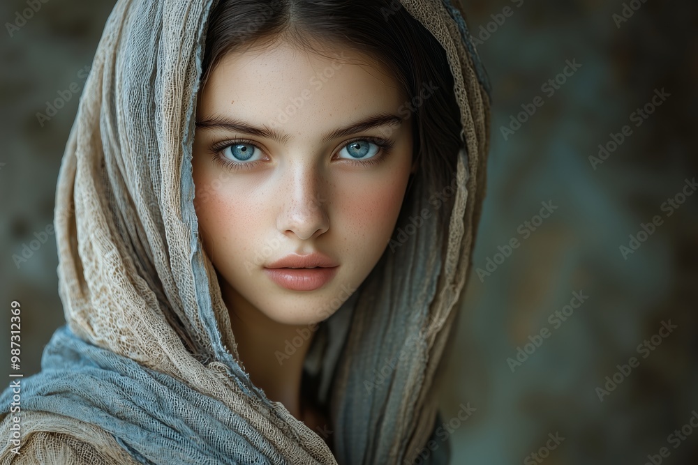 A young woman with blue eyes gazes intensely at the camera while wearing a soft, blue and beige scarf A young woman with blue eyes gazes intensely at the camera while wearing a soft, blue and beige scarf