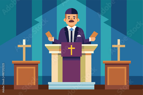A vibrant, stylized illustration of a preacher at the pulpit, holding papers and delivering a sermon, flanked by two crosses, evoking spirituality, faith, and devotion.
