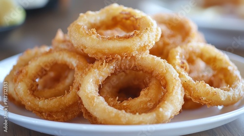 A plate of fried onion rings, crispy and golden, showcasing the appeal of deep-fried snacks photo