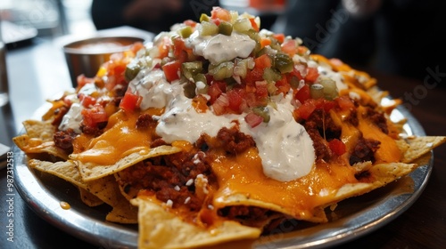 A platter of loaded nachos, covered in cheese, sour cream, and greasy toppings, a decadent yet unhealthy treat