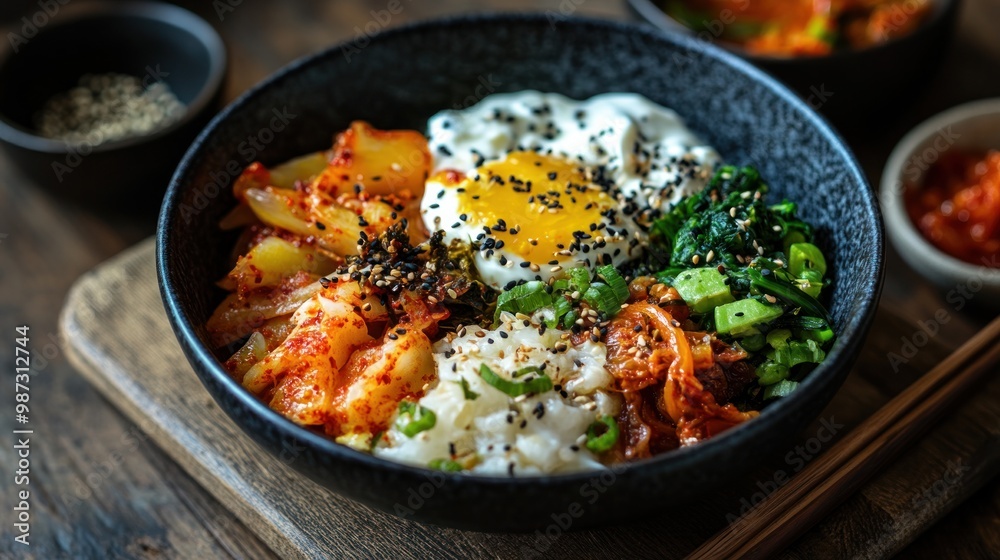 A probiotic-rich bowl featuring yogurt, kimchi, and fermented vegetables, promoting gut health and digestion A probiotic-rich bowl featuring yogurt, kimchi, and fermented vegetables, promoting gut health and digestion