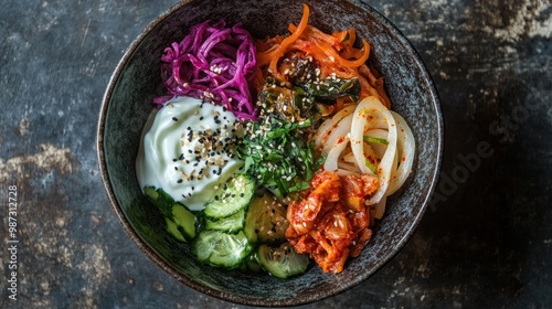 A probiotic-rich bowl featuring yogurt, kimchi, and fermented vegetables, promoting gut health and digestion photo