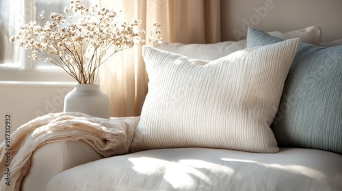 A cozy living room scene featuring a comfortable sofa adorned with pillows, soft throws, and a vase of dried flowers, beautifully illuminated by natural lighting through a nearby window.