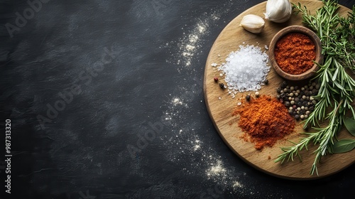 A wooden board adorned with an assortment of spices, including garlic, fresh rosemary sprigs, coarse sea salt, and ground chili powder, set against a dark background.