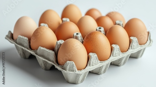 A carton holding twelve brown eggs, showcasing their natural textures and colors, arranged neatly against a light background.