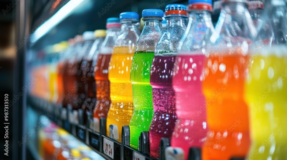 A row of soft drinks and sodas in a vending machine, brightly colored yet packed with sugar and artificial ingredients A row of soft drinks and sodas in a vending machine, brightly colored yet packed with sugar and artificial ingredients
