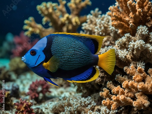 A blue angelfish swims gracefully through a vibrant coral reef.