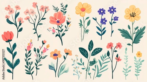 Fototapeta Naklejka Na Ścianę i Meble -  Hand drawn botanical floral elements with flowers and foliage in a watercolor style.